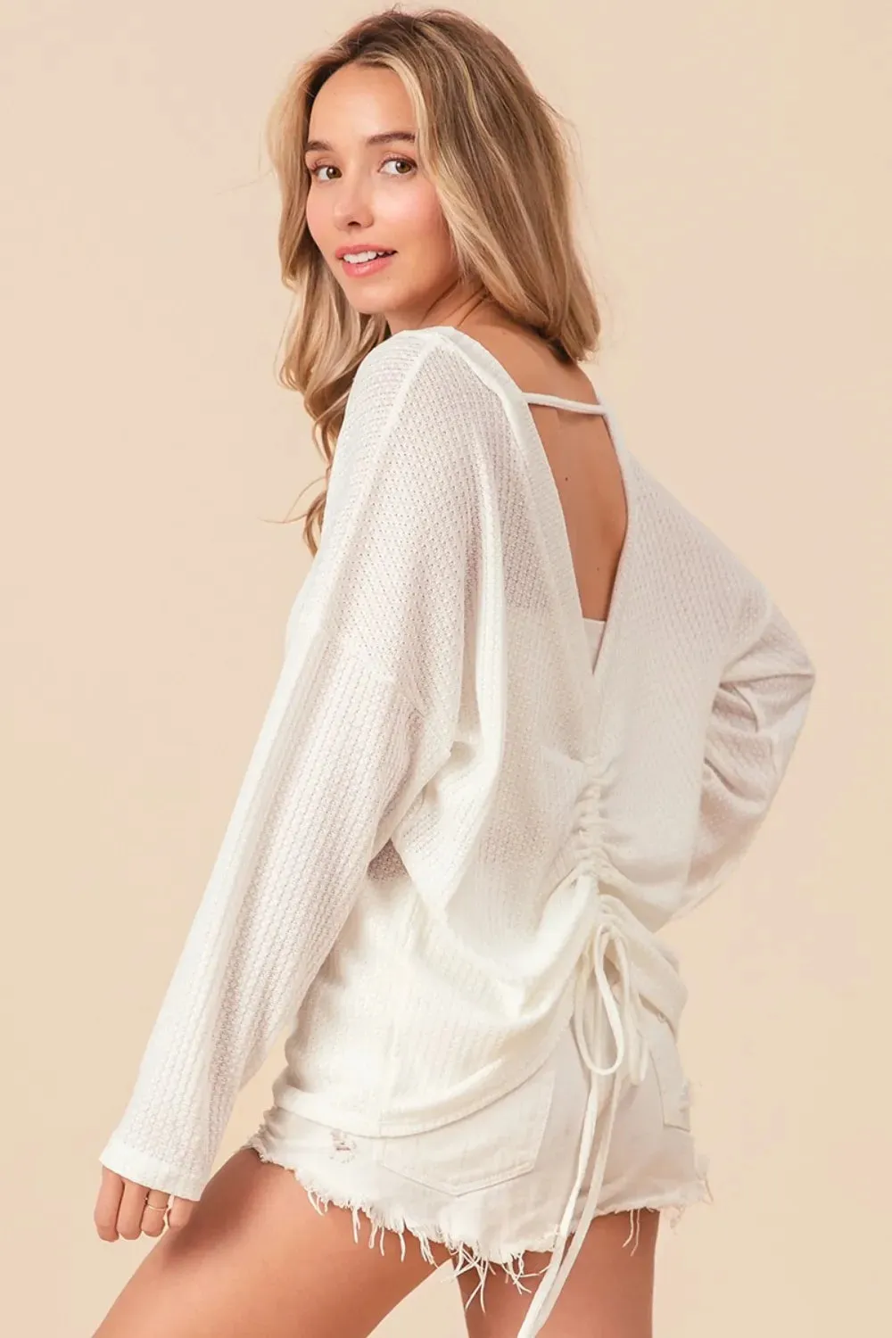 Waffled Backless Drawstring T-Shirt