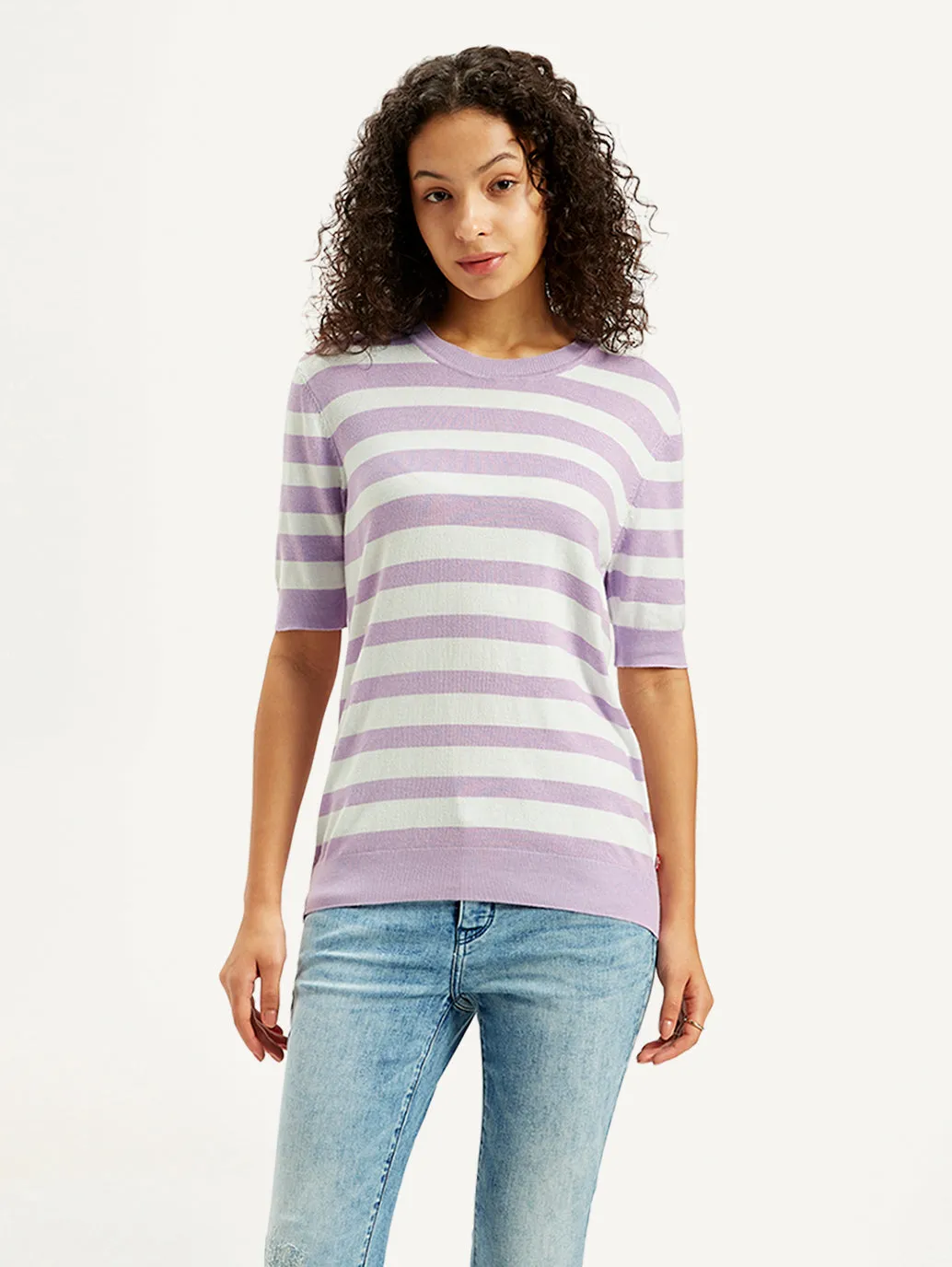 Women's Striped Lavender Crew Neck Sweater