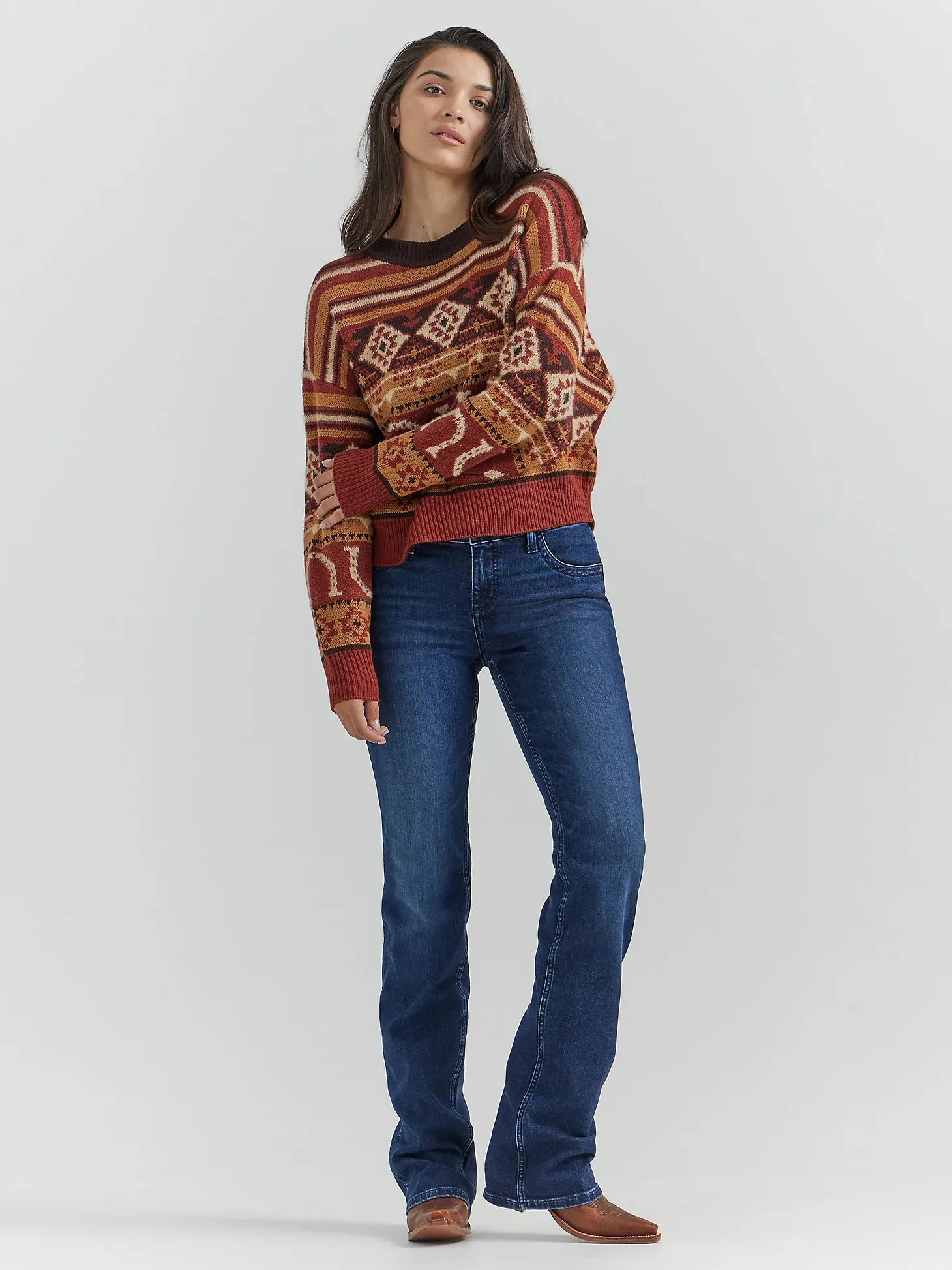 Wrangler Retro Women's Southwestern Pullover Sweater in Horseshoe Burgundy